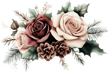 Watercolor winter flowers, brown and beige Christmas bouquet, neutral floral illustration, generative AI