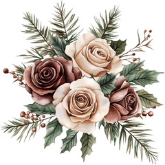 Watercolor winter flowers, brown and beige Christmas bouquet, neutral floral illustration, generative AI