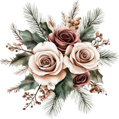 Watercolor winter flowers, brown and beige Christmas bouquet, neutral floral illustration, generative AI