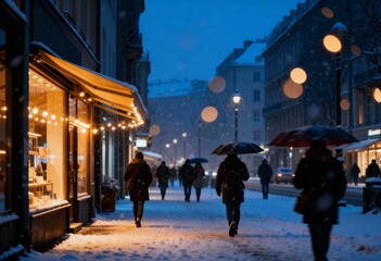 Obraz premium Snowy evening city street with pedestrians under umbrellas and warm shop lights, blue hour