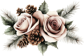 Watercolor winter flowers, brown and beige Christmas bouquet, neutral floral illustration, generative AI