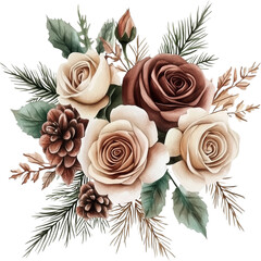 Watercolor winter flowers, brown and beige Christmas bouquet, neutral floral illustration, generative AI