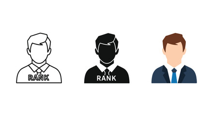 Rank businessman icon set showing corporate identity status achievement and male professional avatar