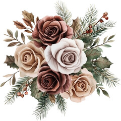Watercolor winter flowers, brown and beige Christmas bouquet, neutral floral illustration, generative AI
