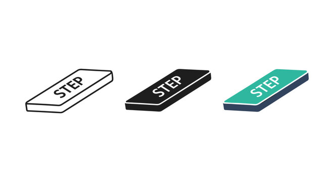 Step isometric block icon showing three versions line silhouette and colored flat design symbol
