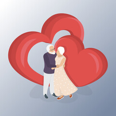 Valentine's day senior couple. Senior couple love concept and red hearts. 3d flat isometric vector illustration.