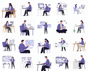 Modern Flat Illustration Set of People Working on Computer at Desk
