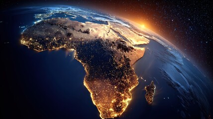 A stunning view of Earth at night, showcasing Africa illuminated by city lights, with a rising sun on the horizon, emphasizing the planet's beauty.