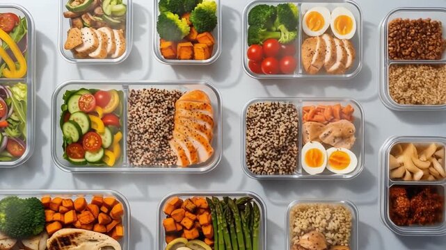 Assorted Healthy Meal Prep Containers with Grilled Chicken, Roasted Vegetables, and Fresh Salads on White Background