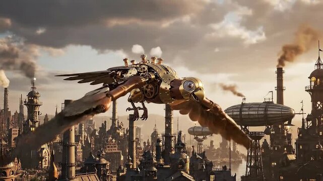 Steampunk Mechanical Bird Flying Over Industrial Cityscape at Sunset