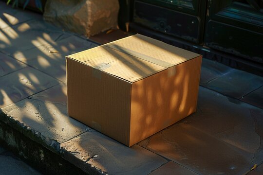 Home delivery concept with brown carton box on tiled floor