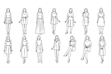 Women in view, frontal view, standing and sitting, CAD style vector drawing with no background.
