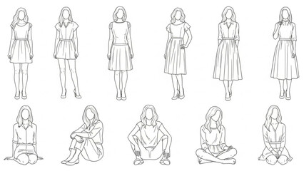 Women in view, frontal view, standing and sitting, CAD style vector drawing with no background.

