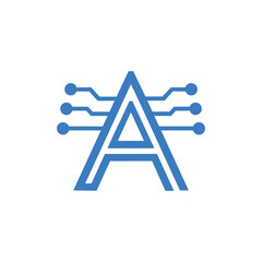Modern and bold letter A logo with a connected network spread of dots