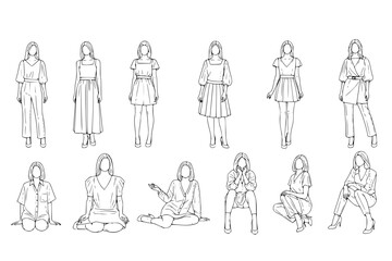 Women in view, frontal view, standing and sitting, CAD style vector drawing with no background.

