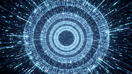 Abstract blue digital background pattern with psychedelic fractal tunnel design, colorful circle illustration, light spiral art, and matrix data texture