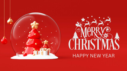 Elegant Christmas snow globe with red festive tree, golden ornaments and gift boxes on vibrant red background featuring Merry Christmas and Happy New Year greeting