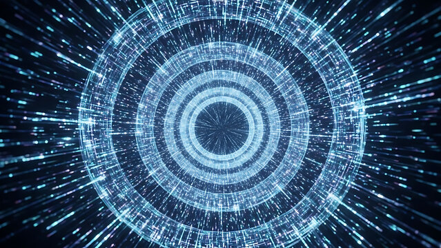 Abstract blue digital background pattern with psychedelic fractal tunnel design, colorful circle illustration, light spiral art, and matrix data texture - Powered by Adobe