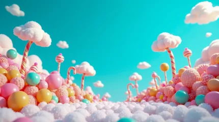 Fototapete Türkis A whimsical, surreal landscape featuring a candy-themed environment under a bright blue sky  © Adrian Grosu
