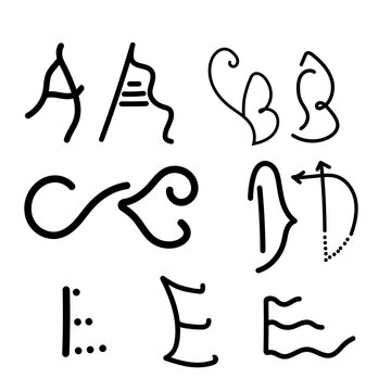 hand drawn vector illustration, creative alphabet design , brush tool design , A B C D and E vector design , modern logos , creative logos , vector logos A-E