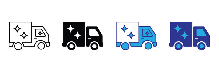 A series of delivery truck icons are presented in varying styles including outline solid flat and blue designs high quality