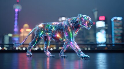 Obraz premium A futuristic, illuminated panther walks against a vibrant city skyline, showcasing a blend of technology and nature.