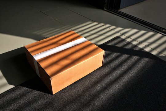 Home delivery concept with brown carton box on tiled floor