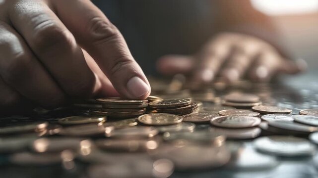 A close-up of a hand sorting coins on a table, with focus on the person and blurred background.