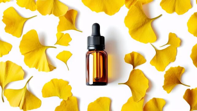 yellow ginkgo biloba leaves and amber glass dropper bottle on white background.