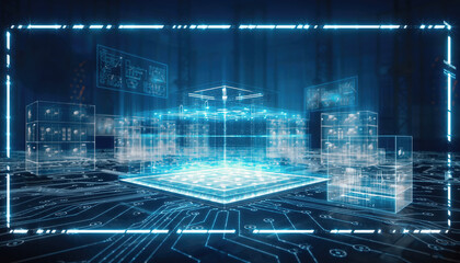 Digital Realm: An intricate digital schematic of a central processing unit, symbolizing the core of technological advancement, is illuminated.