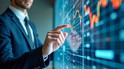 A businessman touching a transparent vertical digital screen with financial data and graphs in an office