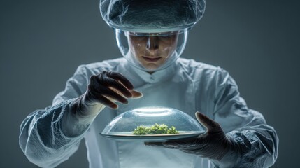 Scientist Woman in Protective Clothing Examining Green Plant Under Glass Dome in Laboratory