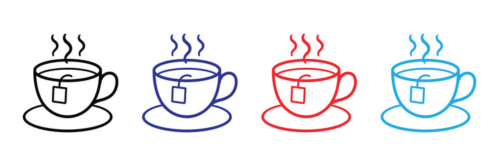 A simple illustration showcasing four different colored cups of steaming hot beverages with saucers offering a visually appealing design