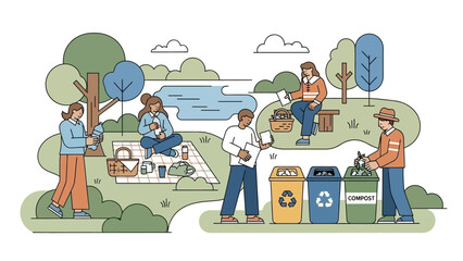community cleanup and recycling effort in a peaceful park setting during