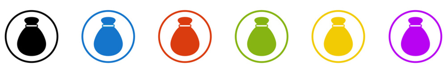 Banner mit 6 farbigen Icons im Kreis: Geldbeutel oder Sack