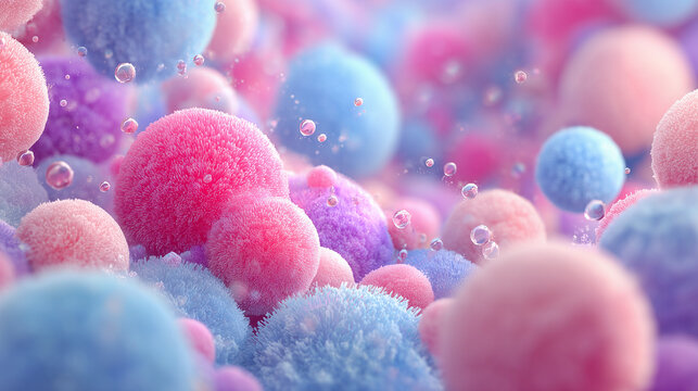 Whimsical Microbe Garden: Pastel Fuzzy Bacteria Representing Gut Health