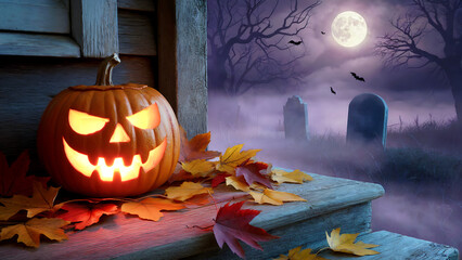 A spooky Halloween scene featuring a carved jack-o'-lantern with a menacing grin glowing warmly on a weathered wooden porch. The pumpkin's flickering candlelight casts eerie shadows across scattered a