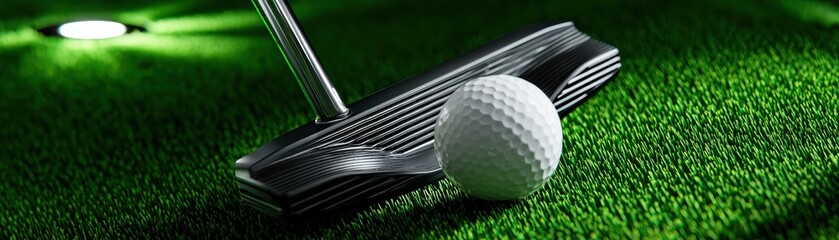 A close-up of a golf putter and ball on a green surface, highlighting the texture and detail of the equipment and the surrounding grass.
