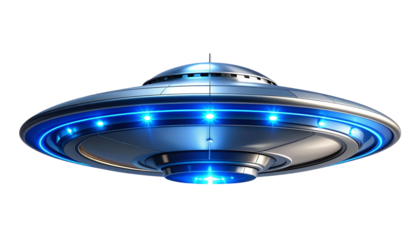  Futuristic Silver UFO Saucer with Blue Light Beam – Transparent