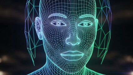 Abstract human brain head eye with blue light power technology and fractal motion pattern