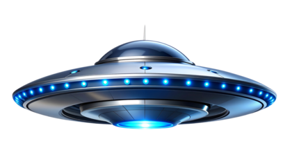 PNG Futuristic Silver UFO Saucer with Blue Light Beam – Transparent Background Futuristic Silver UFO Saucer with Blue Light Beam – Transparent Background