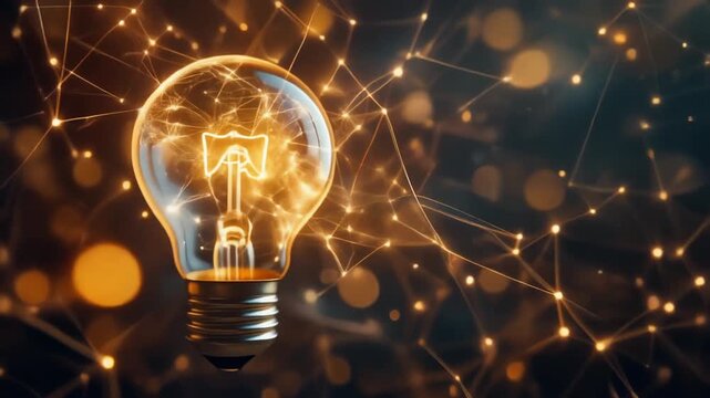 A close-up shot of a glowing incandescent light bulb, its filament pulsing with energy, connected by abstract network lines, concept for innovation, technology and brainstorming
