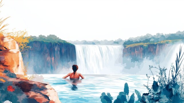 Victoria Falls Devils Pool. Victoria Falls Devils Pool hand drawn watercolor illustration on white background