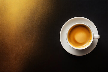 Top view of a cup of coffee on a dark background with warm side lighting.