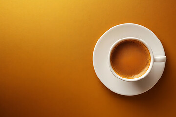 Top view of a fresh cup of coffee on a smooth, warm golden-brown background.