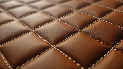 Fototapeta premium Brown leather with diamond quilted pattern and white stitching, close up