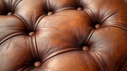Close-up of tufted, reddish-brown leather texture with button accents, in soft lighting