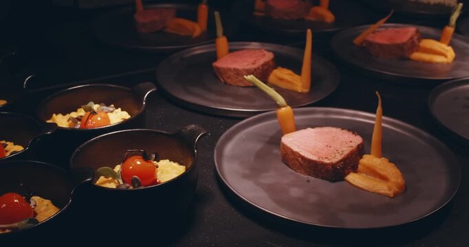 modern presentations of haute cuisine, European food establishments, restaurants with Michelin star. minimalist decoration, original serving of food. dark background professional lighting