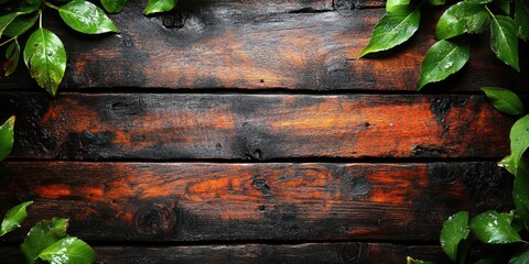 Dark wood planks bordered by lush, wet, green leaves, top and bottom edges