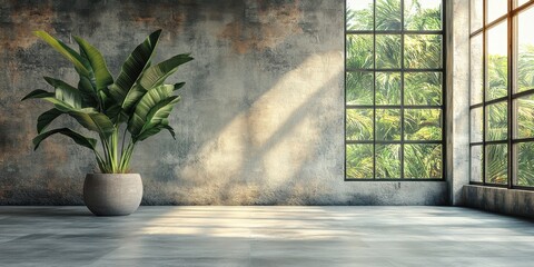 Industrial-style room with plant, concrete walls, and large window with lush greenery